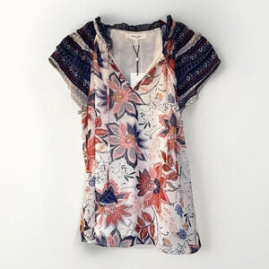 Floral Print Blouse with Navy Accents